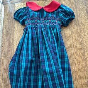 Plaid Smocked Dress with Red Collar